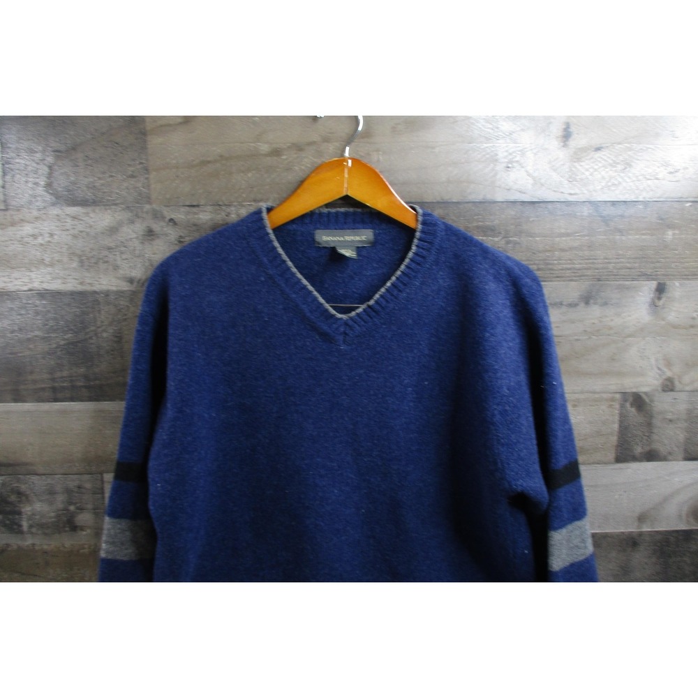 Banana Republic Sweater Mens XL Blue Lambswool V Neck Pullover Striped Knit